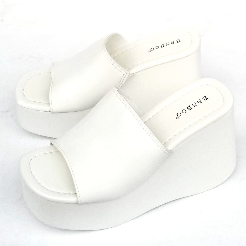 BAMBOO White Platform Wedge Slide Sandals